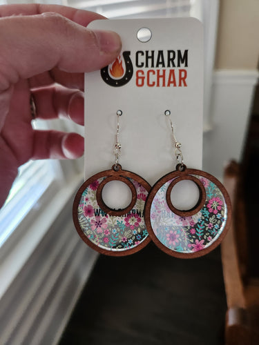 Boho Bloom Floral Hoop Earrings – Wood & Acrylic Inlay